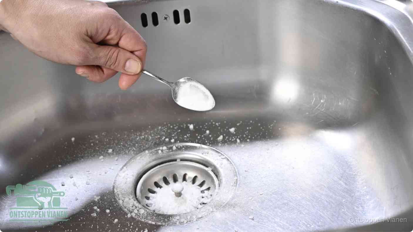 Een hand strooit met een lepel soda in de afvoer van een roestvrijstalen spoelbak, de soda en azijn huismiddel-methode om de afvoer te ontstoppen in Vianen