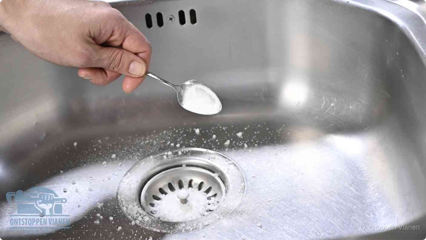 Een hand strooit met een lepel soda in een afvoerputje, de soda en azijn huismiddel-methode om de wc te ontstoppen in Vianen